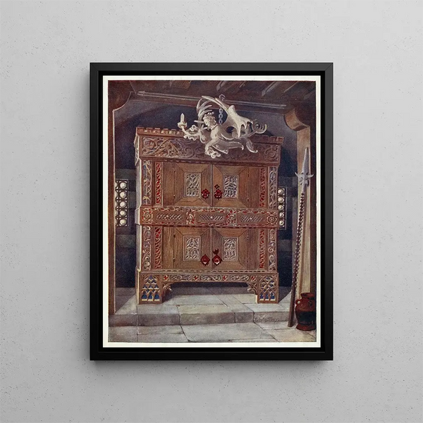 Gothic-style cabinet painting at the Bavarian Museum in Munich with a hanging lamp leuchterweibschen from the house of Albert Dürer in Nuremberg - Edwin Foley — framed artwork on a wall