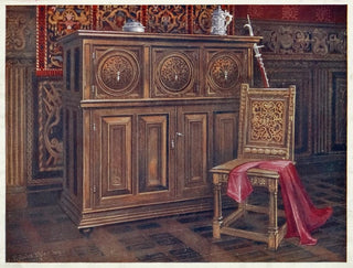 Cabinet oak with circular convex panels, armless walnut chair with interlaced floral ornament on the back - Edwin Foley — artwork view