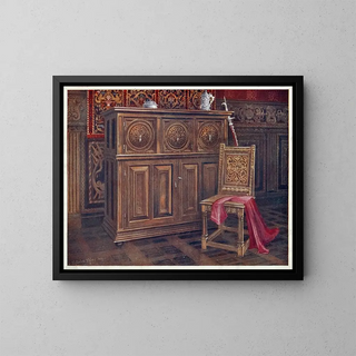 Cabinet oak with circular convex panels, armless walnut chair with interlaced floral ornament on the back - Edwin Foley — framed artwork on a wall