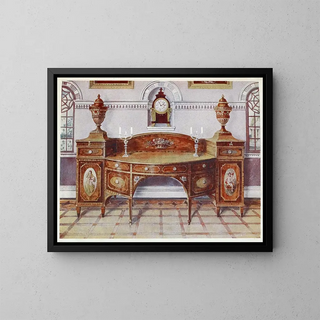 Satinwood buffet painting painted and inlaid, mahogany console clock - Edwin Foley — framed artwork on a wall