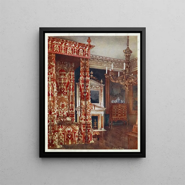 Queen Anne bed on foot wooden chandelier - Edwin Foley — framed artwork on a wall