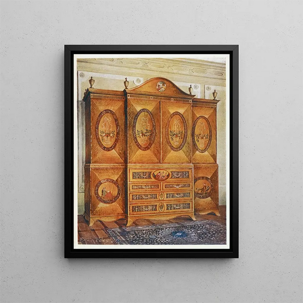 Satin wood cabinet painting inlaid with tulipwood, hazelwood, holly, ebony, mahogany, and other woods - Edwin Foley — framed artwork on a wall