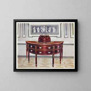 Semi-circular mahogany buffet painting with marquetry and satinwood, mahogany, and ebony veneer - Edwin Foley — framed artwork on a wall