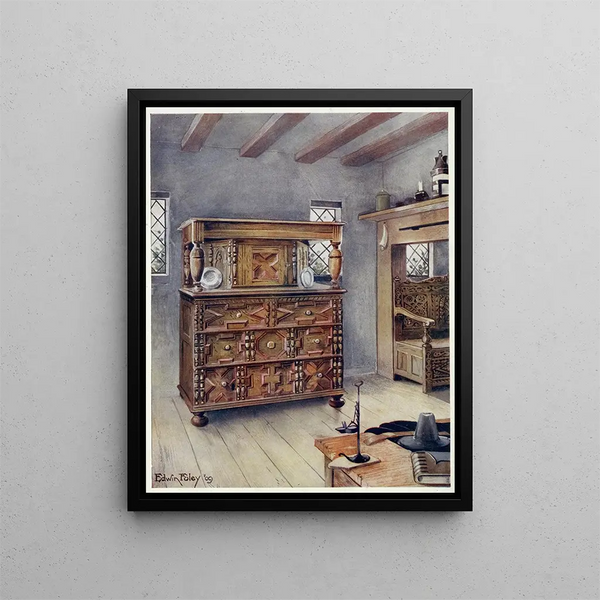 L'armoire Putnam in English oak and cedar. Carved piece of furniture in American oak. - Edwin Foley — framed artwork on a wall
