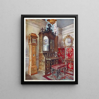Scrutateur en noyer Horloge jaune en sycomore incrusté Tabouret sculpté - Edwin Foley — framed artwork on a wall