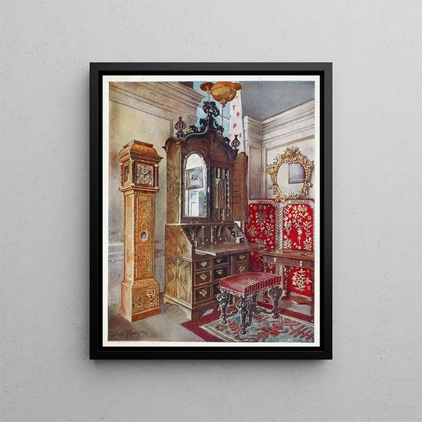 Scrutateur en noyer Horloge jaune en sycomore incrusté Tabouret sculpté - Edwin Foley — framed artwork on a wall