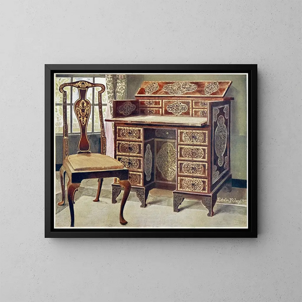 Writing table in marqueted walnut - Edwin Foley — framed artwork on a wall