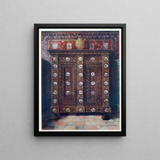 Kas in walnut with inlay and painted medallions in Delftware - Edwin Foley — framed artwork on a wall