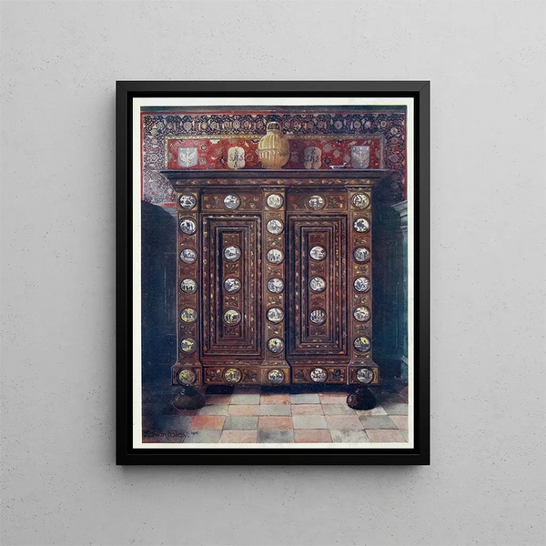 Kas in walnut with inlay and painted medallions in Delftware - Edwin Foley — framed artwork on a wall