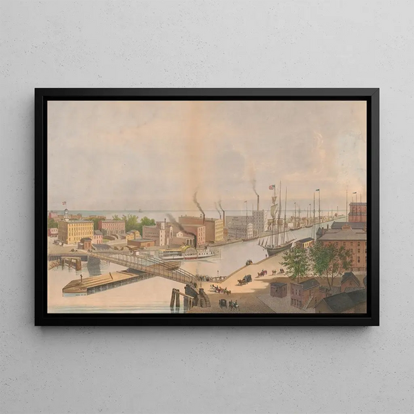 View of the Rush St Bridge from Nortons Block River St E Whitefields views of Chicago - Edwin Forbes — framed artwork on a wall