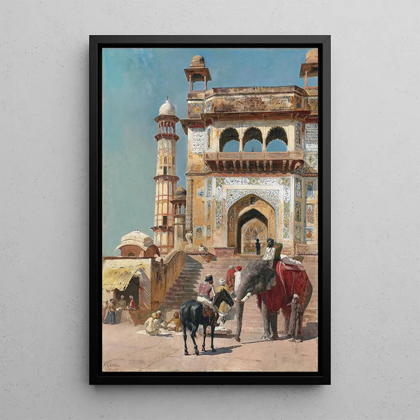 Devant la grande mosquée Jami Masjid, Mathura, India - Edwin Lord Weeks — framed artwork on a wall