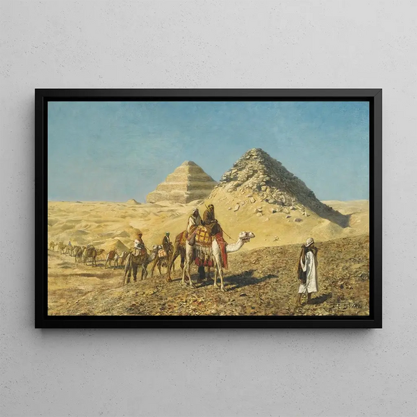 Caravan of camels among the pyramids of Egypt - Edwin Lord Weeks — framed artwork on a wall