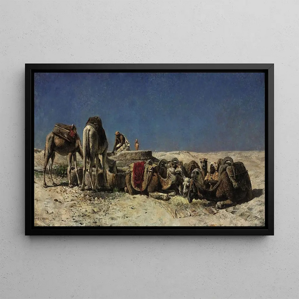Camels near a cistern - Edwin Lord Weeks — framed artwork on a wall