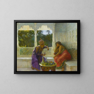 Figures dans un intérieur avec jardin de palmiers au-delà - Edwin Lord Weeks — framed artwork on a wall
