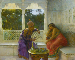 Figures dans un intérieur avec un jardin de palmiers au-delà (Conflit de cas) - Edwin Lord Weeks — artwork view