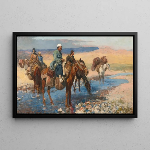 Horses at the ford, Persia - Edwin Lord Weeks — framed artwork on a wall