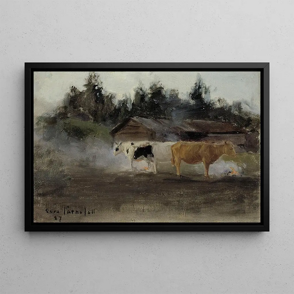 Cows in Peat Smoke Study - Eero Järnefelt — framed artwork on a wall