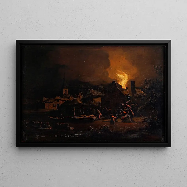 A fire in a Dutch village - Egbert Lievensz van der Poel — framed artwork on a wall