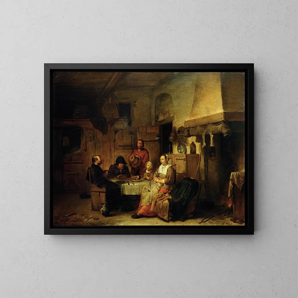 a family praying at the midday meal - Egbert van Heemskerck — framed artwork on a wall