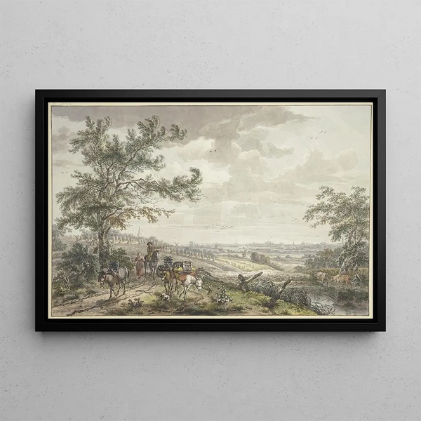 Landscape painting with pack donkeys near Hilversum - Egbert van Drielst — framed artwork on a wall