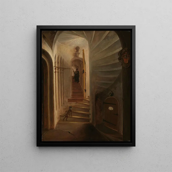 a staircase portal with a man descending the stairs, probably the moment before the assassination of William the Taciturn in the Prinsenhof Delft - Egbert van der Poel — framed artwork on a wall