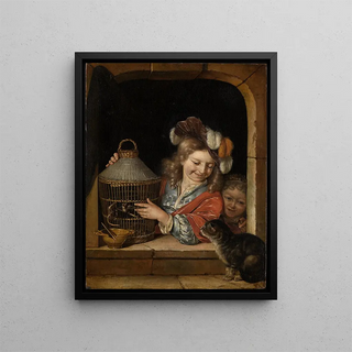 Eglon van der Neer - Children with birdcage and cat.webp