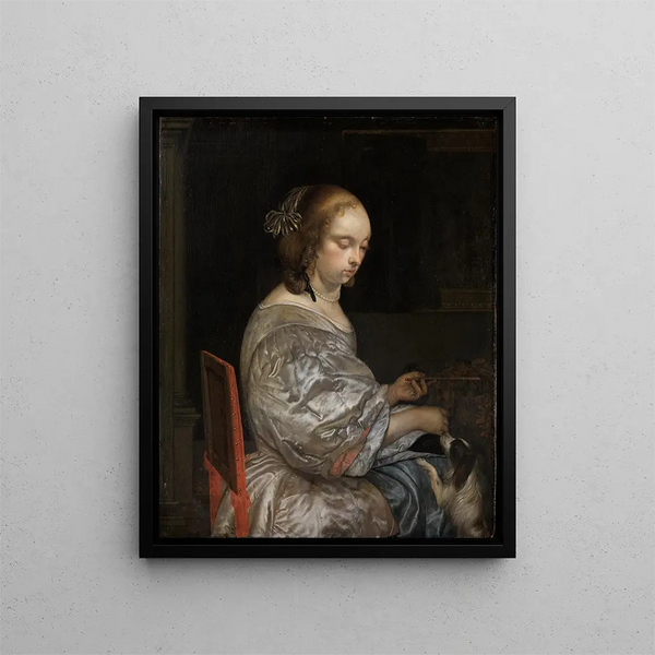Young woman with a puppy - Eglon van der Neer — framed artwork on a wall