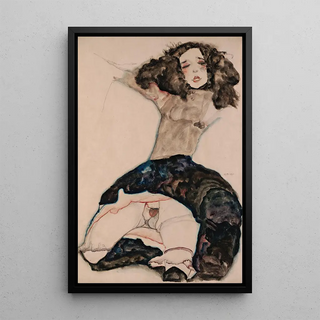 Girl with Black Hair and Raised Skirt - Egon Schiele — framed artwork on a wall