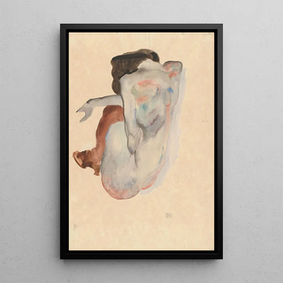 Nude crouching in shoes and black stockings viewed from behind - Egon Schiele — framed artwork on a wall