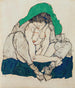 a crouching woman with a green scarf - Egon Schiele — artwork view