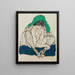 a crouching woman with a green scarf - Egon Schiele — framed artwork on a wall
