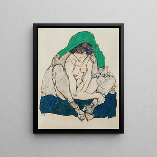 a crouching woman with a green scarf - Egon Schiele — framed artwork on a wall