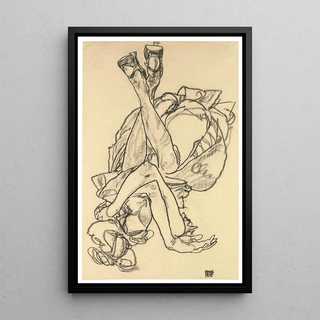 a reclining girl with crossed arms and legs - Egon Schiele — framed artwork on a wall