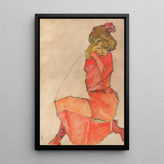 Reproduction of the painting of a kneeling woman in an orange-red dress - Egon Schiele