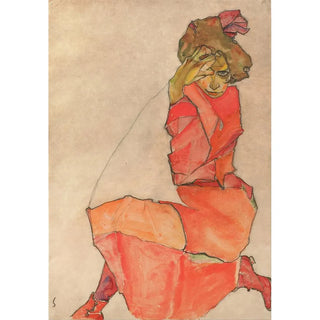 Reproduction of the painting of a kneeling woman in an orange-red dress - Egon Schiele