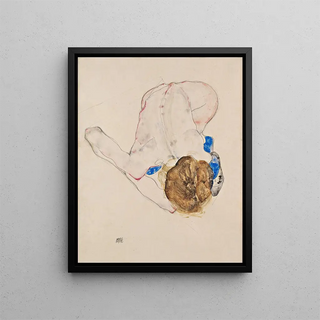 Nude with Blue Stockings Leaning Forward - Egon Schiele — framed artwork on a wall