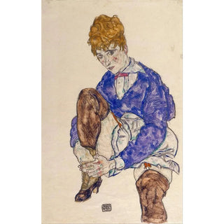 Portrait of the artist's seated woman holding her right leg - Egon Schiele — artwork view