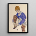 Portrait of the artist's seated woman holding her right leg - Egon Schiele — framed artwork on a wall