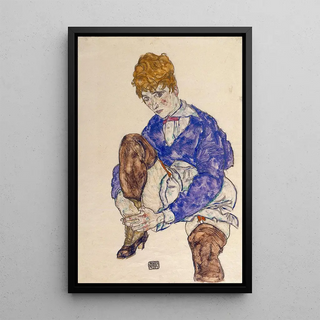 Portrait of the artist's seated woman holding her right leg - Egon Schiele — framed artwork on a wall