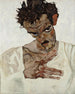 Self-portrait with lowered head - Egon Schiele — artwork view