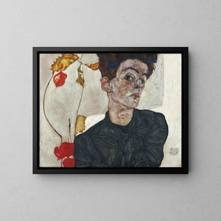 Self-portrait with Physalis - Egon Schiele — framed artwork on a wall
