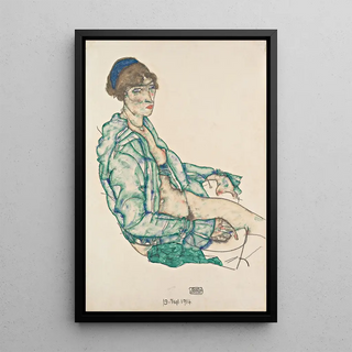 Reproduction of the painting of a semi-nude woman sitting with a blue headband - Egon Schiele