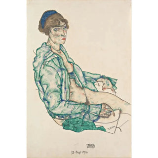 Reproduction of the painting of a semi-nude woman sitting with a blue headband - Egon Schiele