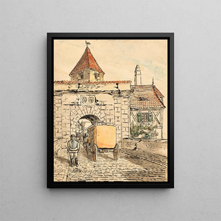 Gate of the city with student work in a carriage - Egon Schiele — framed artwork on a wall