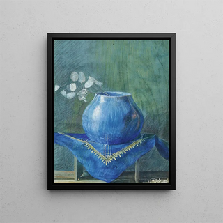 a still life with a plant branch with coins in a blue vase - Egon Schiele — framed artwork on a wall