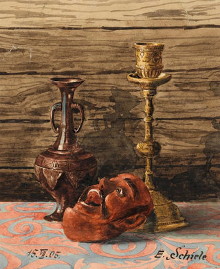 Still life with vase, candlestick, and mask - Egon Schiele — artwork view
