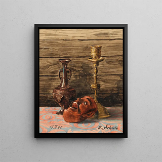 Still life with vase, candlestick, and mask - Egon Schiele — framed artwork on a wall