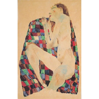 a female nude on checkered fabric - Egon Schiele — artwork view