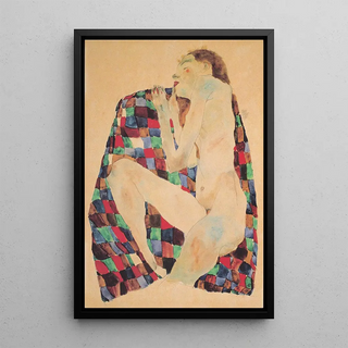 a female nude on checkered fabric - Egon Schiele — framed artwork on a wall