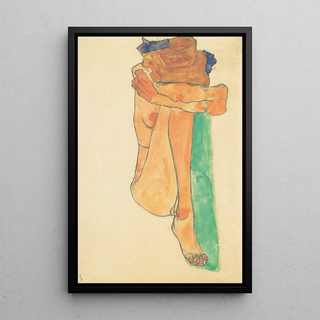 Female Nude Painting with Green Cushion - Egon Schiele — framed artwork on a wall